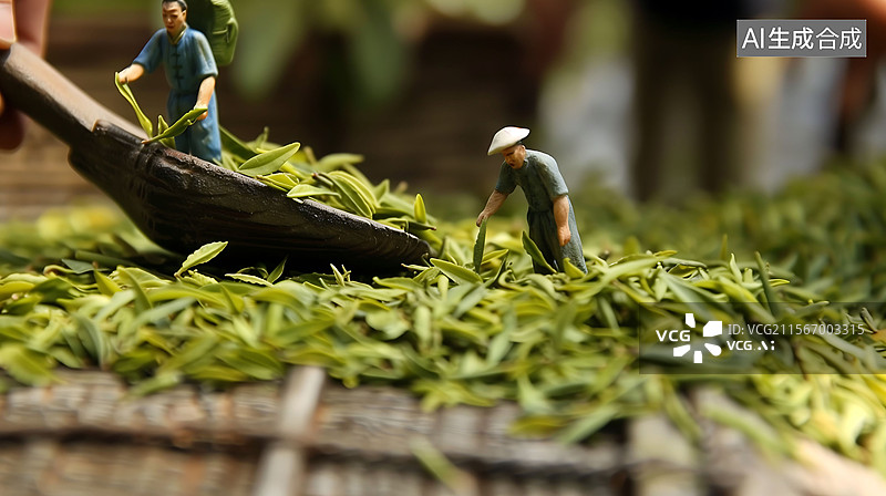 【AI数字艺术】3D渲染微缩模型明前绿茶与茶农图片素材