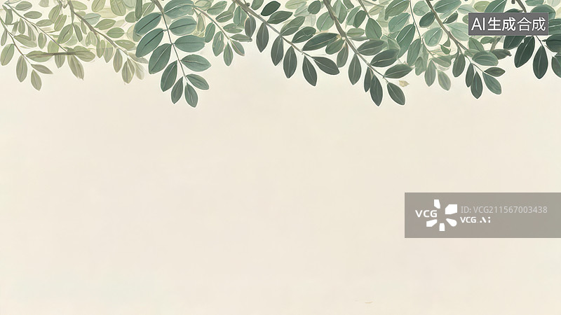 【AI数字艺术】水墨画居上-绿叶边缘的简约背景图片素材