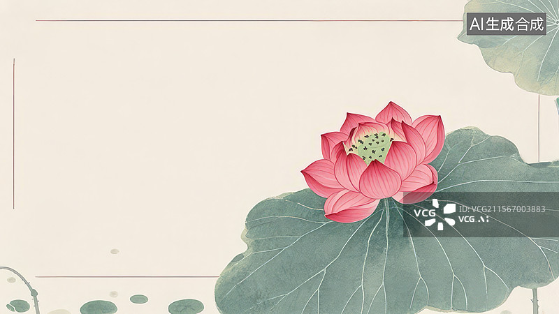 【AI数字艺术】水墨画居右1盛开的粉色莲花与绿叶图片素材