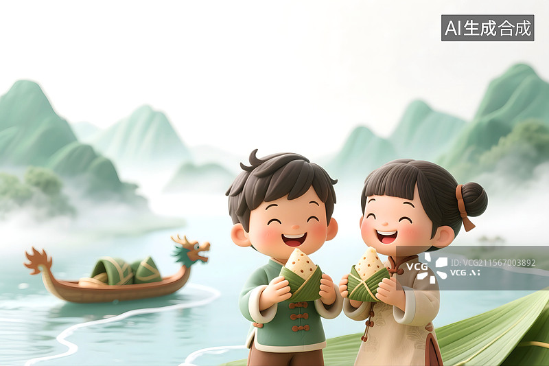 【AI数字艺术】3D三维C4D端午节高山河流龙舟粽子童年男孩女孩开心快乐笑着吃粽子图片素材