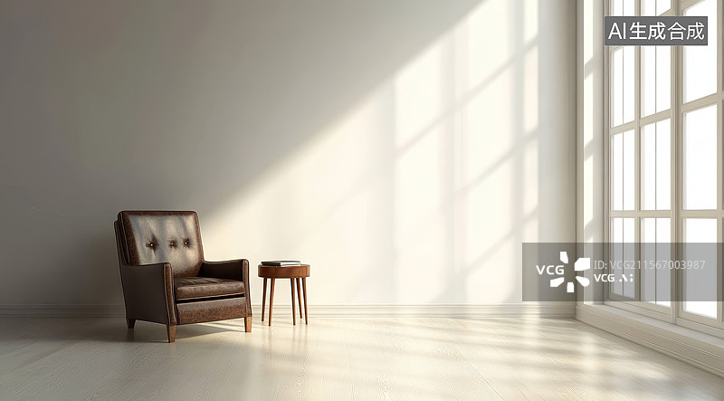 【AI数字艺术】简约室内设计中的棕色皮革扶手椅图片素材