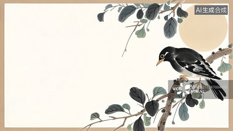 【AI数字艺术】水墨画居右1黑鸟栖息在树枝上图片素材