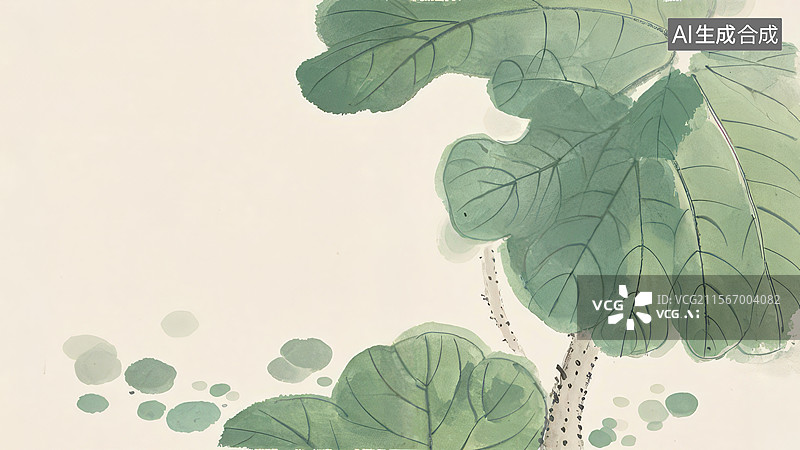 【AI数字艺术】水墨画居右1水彩画风格的绿叶植物图片素材