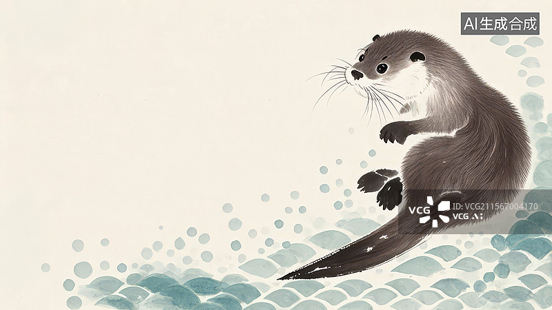 【AI数字艺术】水墨画居右1水獭在水中嬉戏图片素材