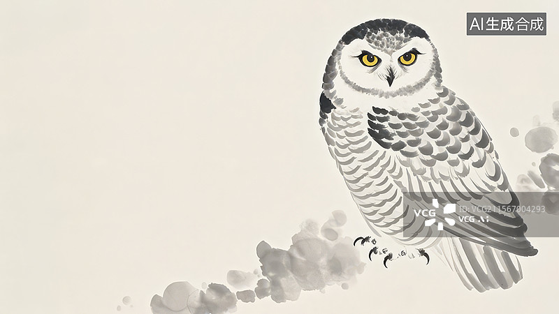 【AI数字艺术】水墨画居右1雪鸮栖息于树枝上图片素材