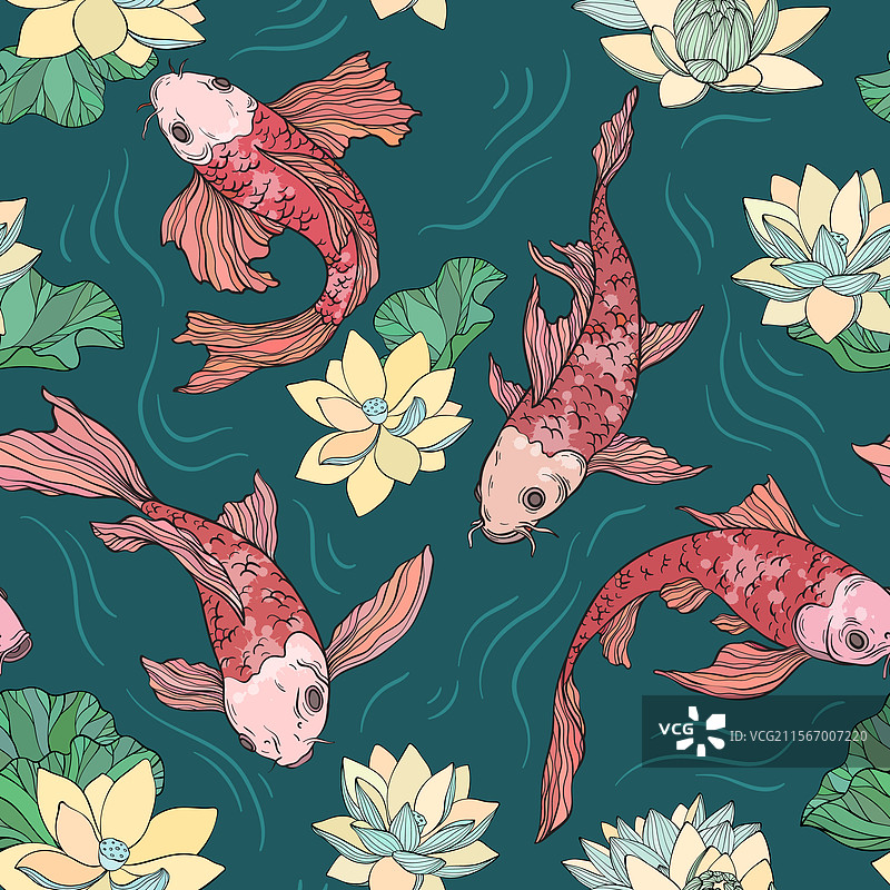 无缝图案与金色锦鲤，庆祝中国新年图片素材