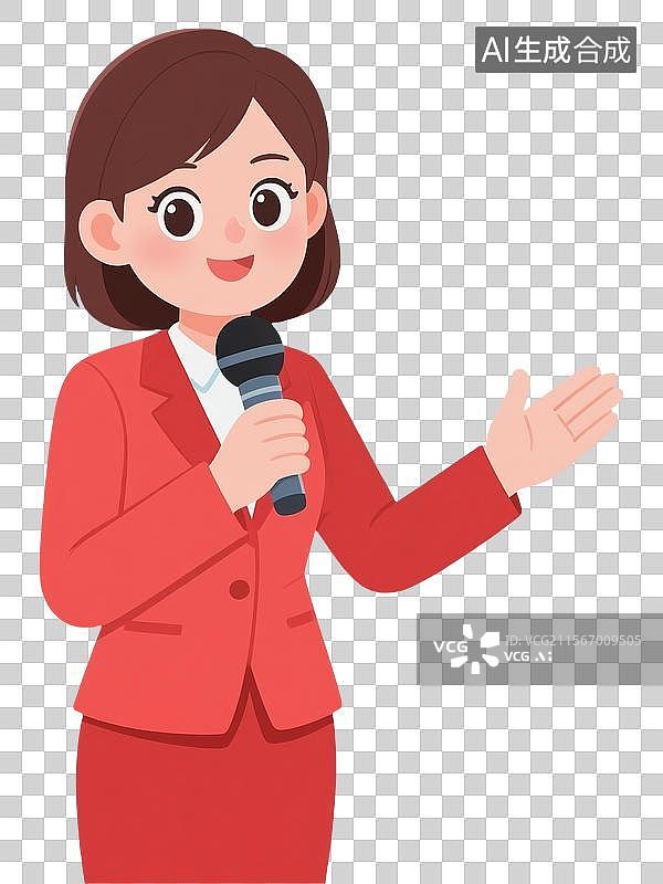 【AI数字艺术】手拿话筒做请手势的30岁女性讲解员卡通插画图片素材
