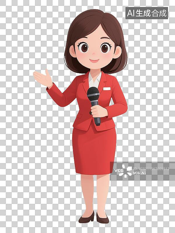 【AI数字艺术】手拿话筒做请手势的30岁女性讲解员卡通插画图片素材