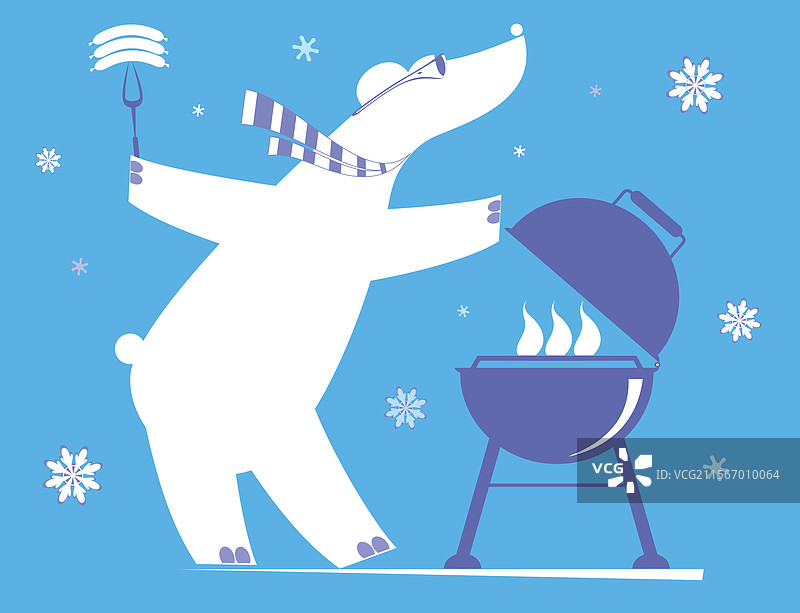 冬季雪地里的卡通熊在火上准备食物图片素材