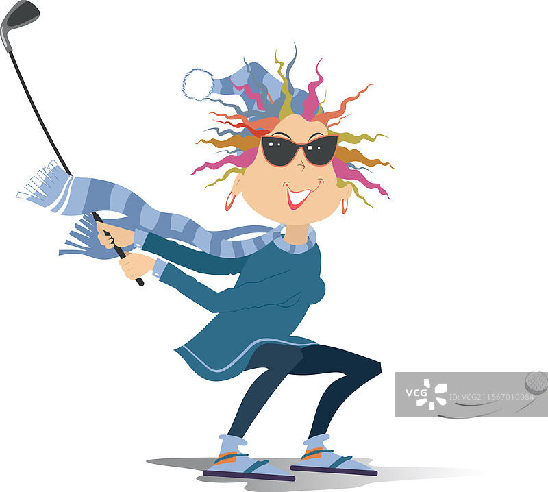 寒冷天气中的女性高尔夫球手在高尔夫球场上图片素材