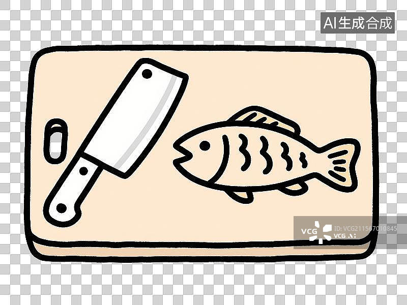 【AI数字艺术】手绘插画，砧板上的菜刀和鱼，我为刀俎，你为鱼肉，免抠元素图片素材