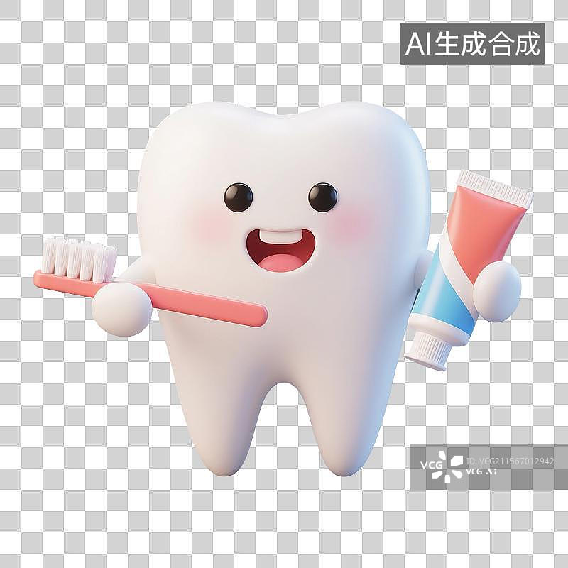 【AI数字艺术】3D渲染可爱的卡通牙齿，拿着牙刷牙膏的拟人牙齿，漱口，牙齿清洁免抠元素图片素材
