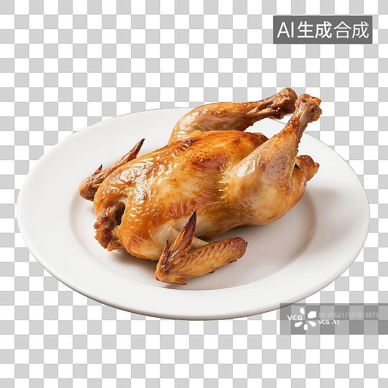【AI数字艺术】盘子里的烤鸡，烧鸡，特写，鸡肉美食免抠元素图片素材