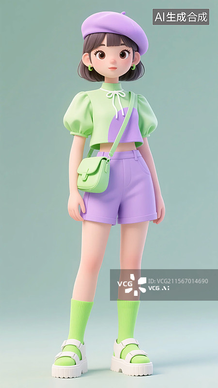 【AI数字艺术】3D夏季绿紫色服装女生图片素材