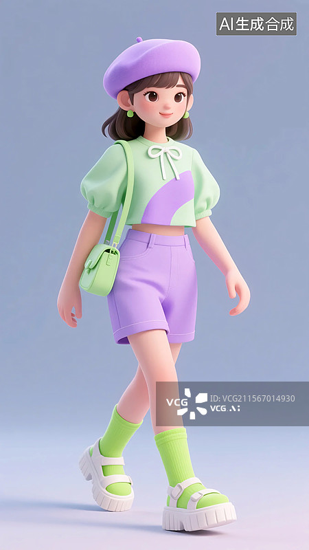 【AI数字艺术】走路姿势的夏季绿紫色服装女生图片素材