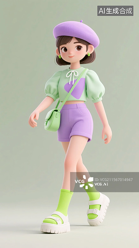【AI数字艺术】走路姿势的夏季绿紫色服装女生图片素材
