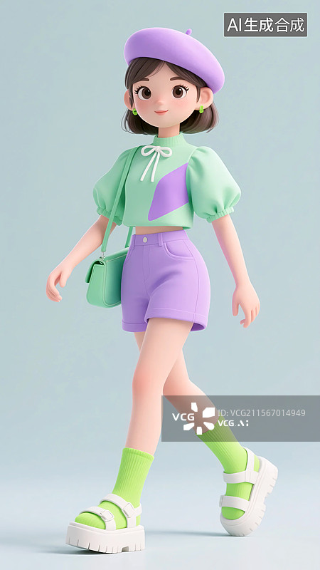 【AI数字艺术】走路姿势的夏季绿紫色服装女生图片素材