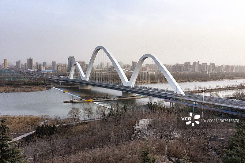 山西临汾河汾一路跨汾河大桥航拍图片素材