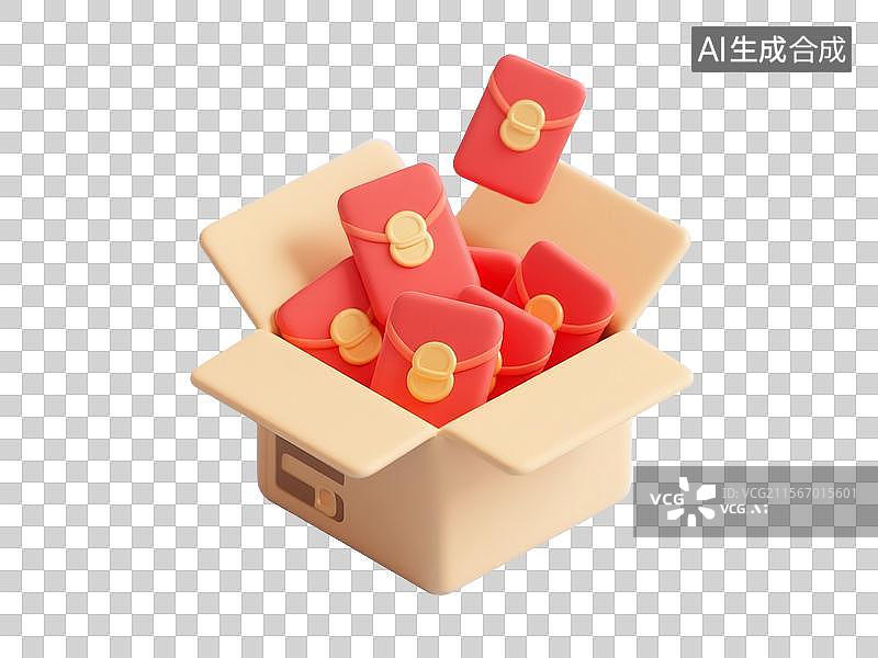 【AI数字艺术】3D渲染卡，纸箱里装着许多红包，红包，购物节促销，优惠券，新年春节，金色，免抠元素图片素材