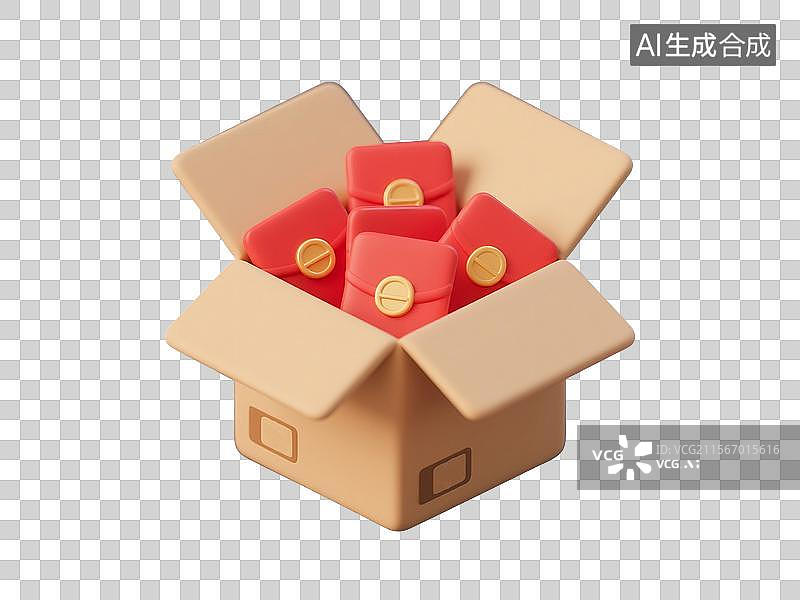 【AI数字艺术】3D渲染卡，纸箱里装着许多红包，红包，购物节促销，优惠券，新年春节，金色，免抠元素图片素材