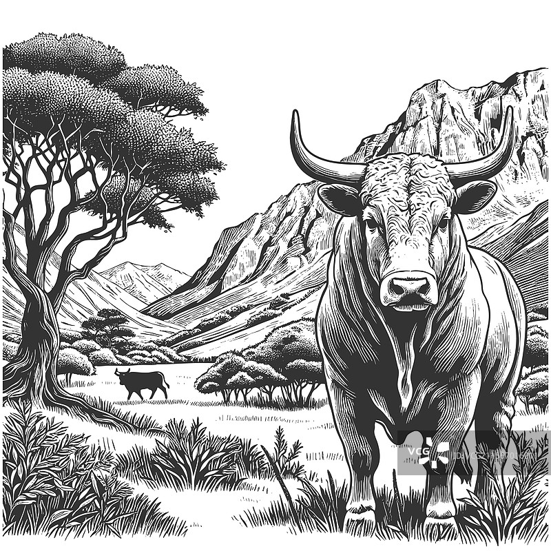 阿根廷公牛与山脉的雕刻图片素材