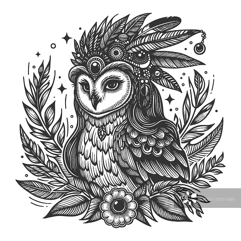 神秘的猫头鹰与羽毛和花卉元素图片素材