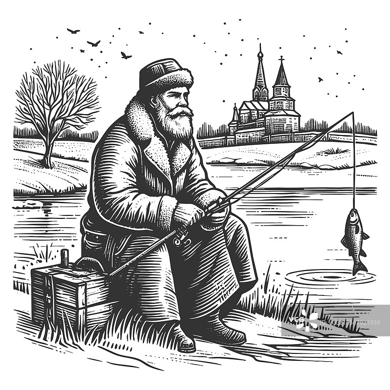 冬季冰钓的胡子渔夫图片素材