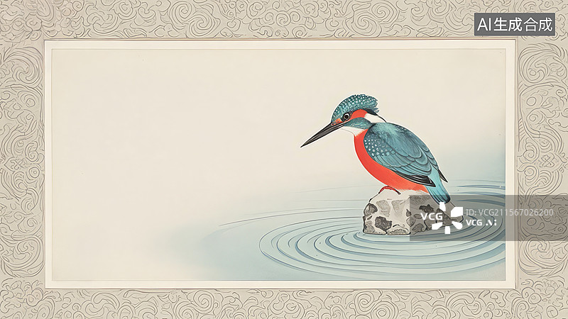 【AI数字艺术】水墨画居右-雪鸮栖息在圆形框架内图片素材