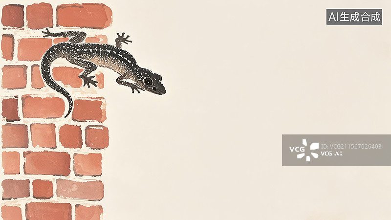 【AI数字艺术】水墨画居左1壁虎攀爬在砖墙上图片素材