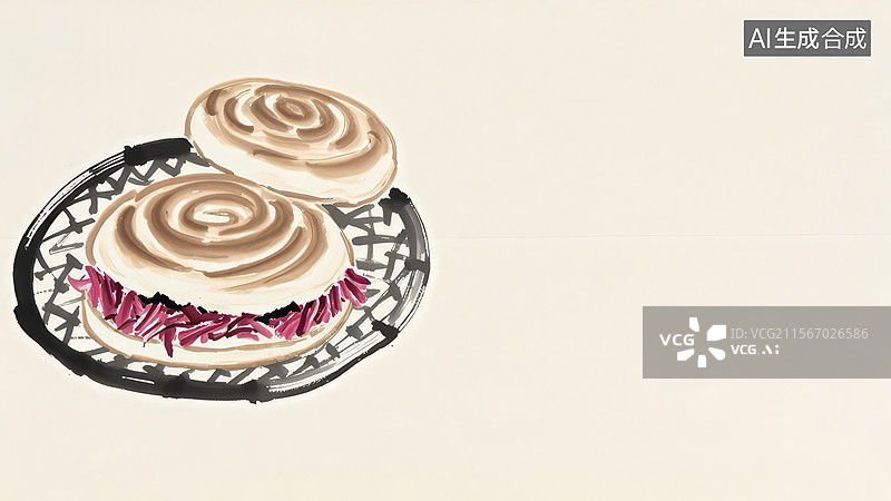 【AI数字艺术】水墨画居左1两个放在金属篮子里的甜点图片素材