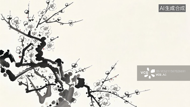 【AI数字艺术】水墨画中的梅花枝图片素材