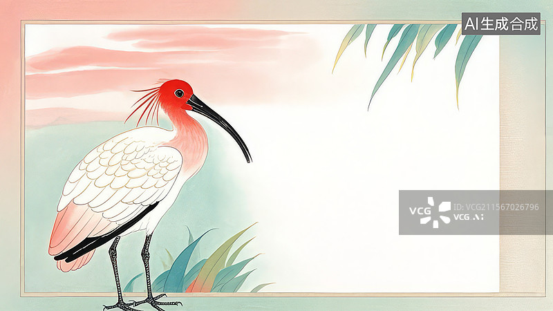 【AI数字艺术】水墨画居左1白鹮站在草丛中的画面图片素材