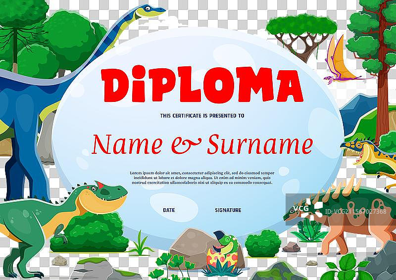 孩子们的搞笑恐龙毕业证书与大恐龙蛋图片素材