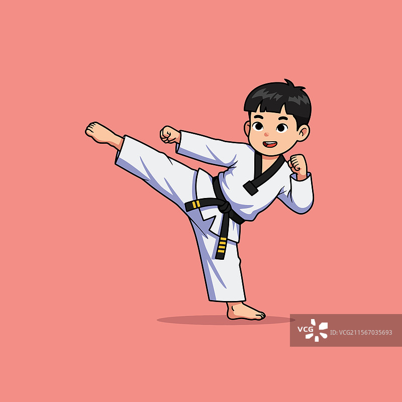 卡通男孩练习武术的踢腿姿势图片素材
