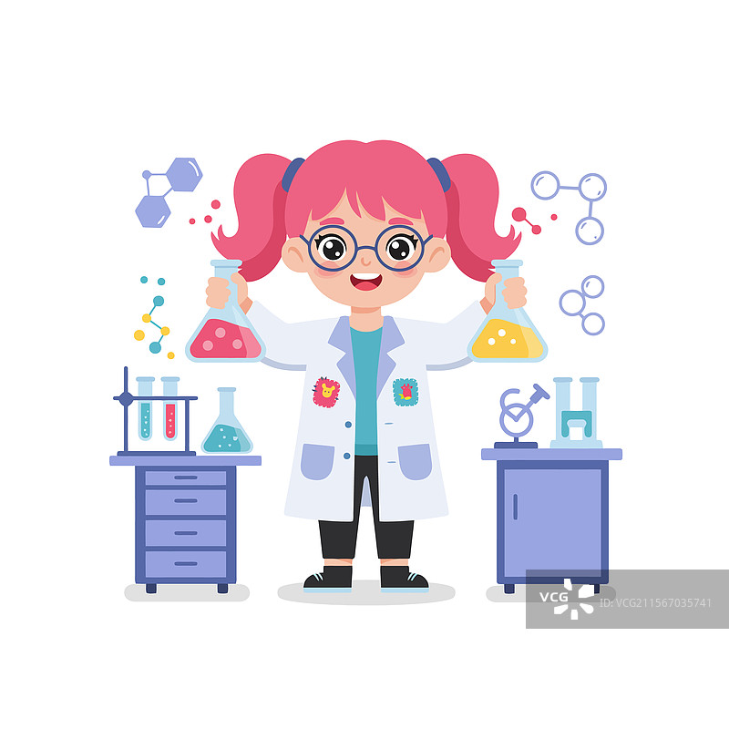 女孩科学家手持五颜六色的烧瓶图片素材