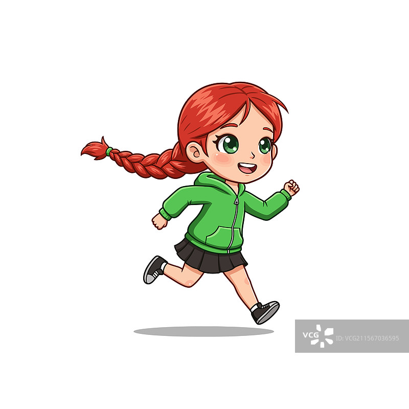 穿着绿色的辫子女孩在奔跑的卡通形象图片素材