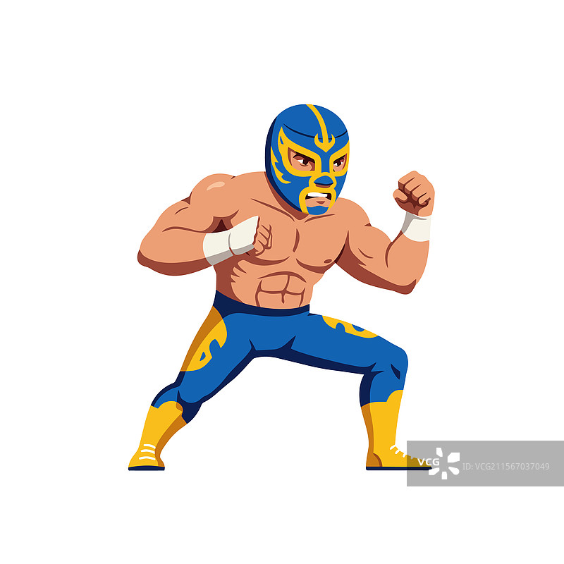 戴着面具的摔跤手以攻击性姿势摆姿势图片素材
