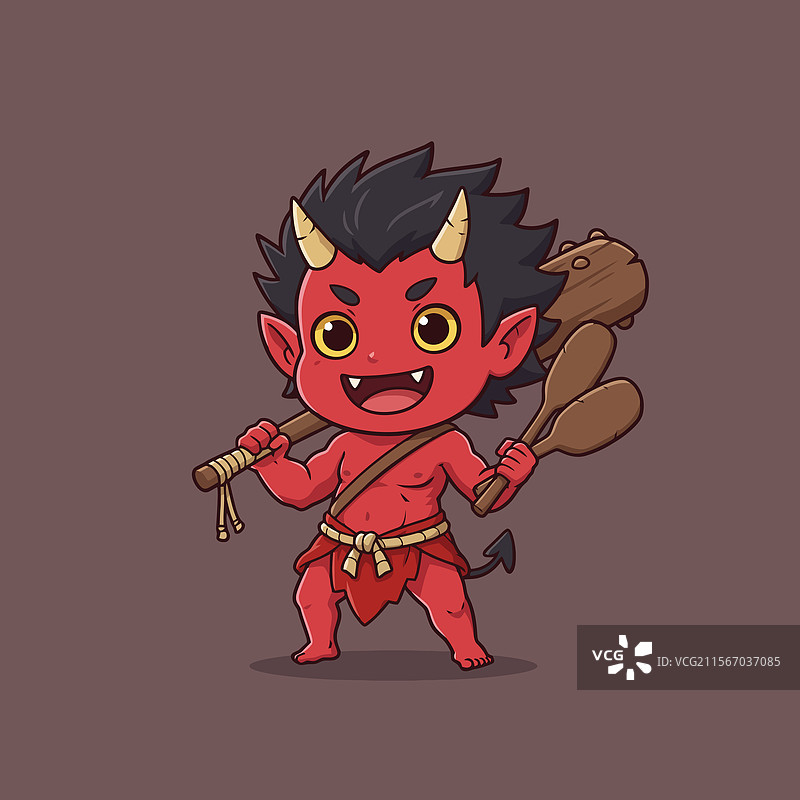 拿着棍子的卡通红色恶魔角色图片素材