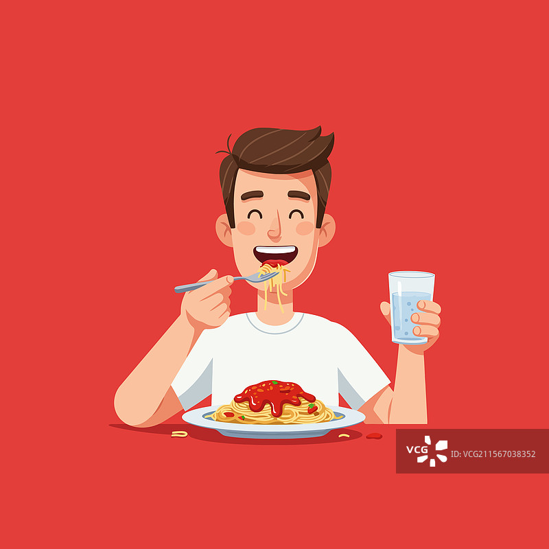 男人吃着番茄酱意大利面图片素材