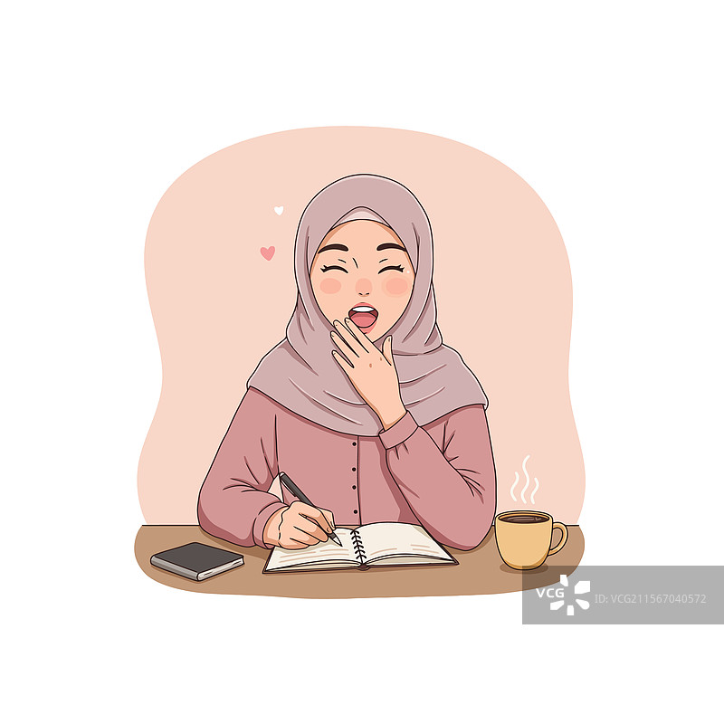 戴着头巾的女性在笔记本上写字，打着哈欠。图片素材