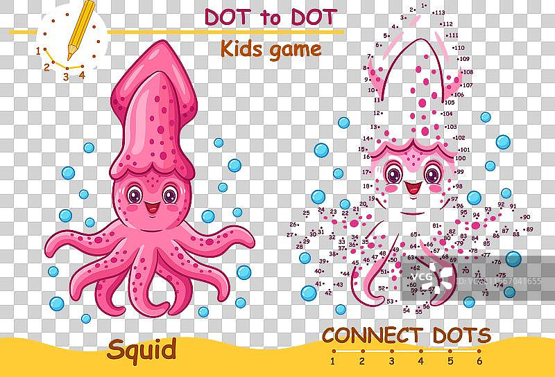可爱的章鱼与鱿鱼连点成图儿童益智游戏图片素材