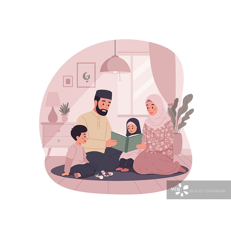 家庭在家中一起阅读，展现爱意和温馨。图片素材