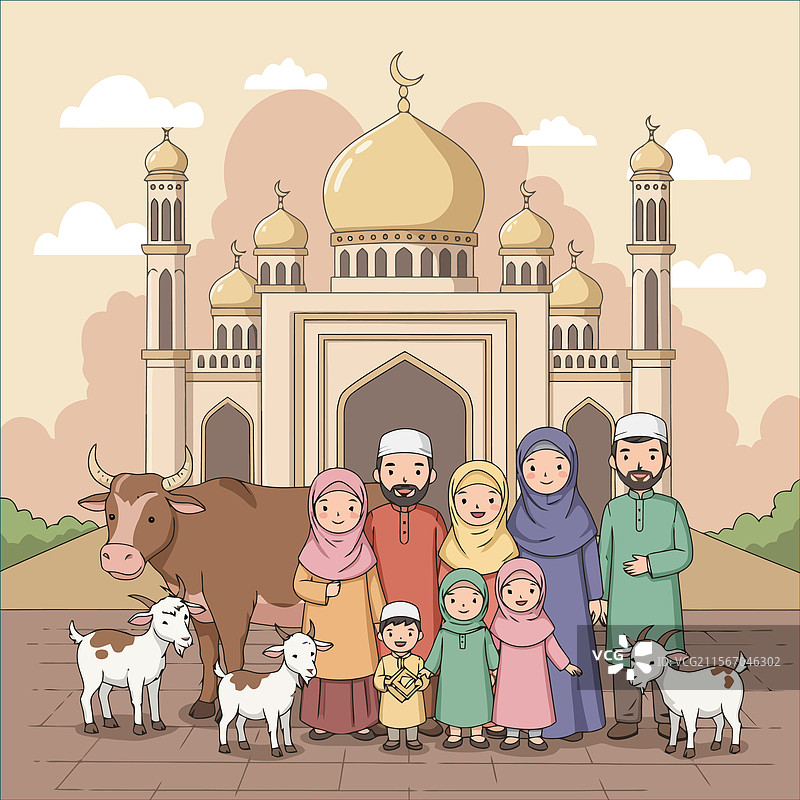 卡通家庭与动物一起庆祝开斋节图片素材