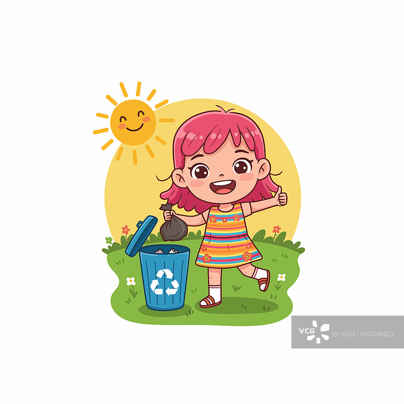 女孩在阳光下将垃圾扔进回收箱图片素材