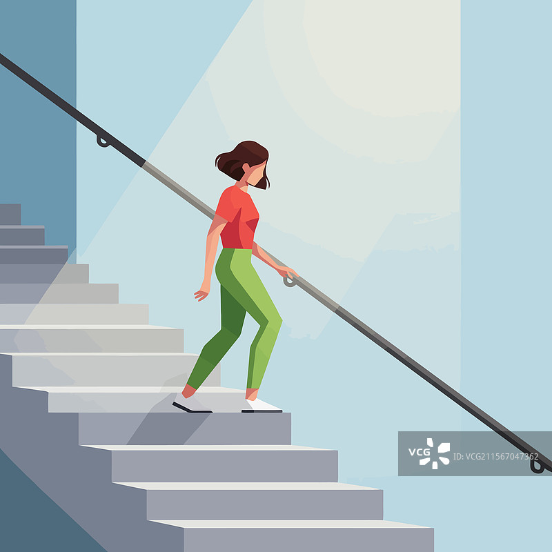 一个人走下楼梯，手握扶手。图片素材