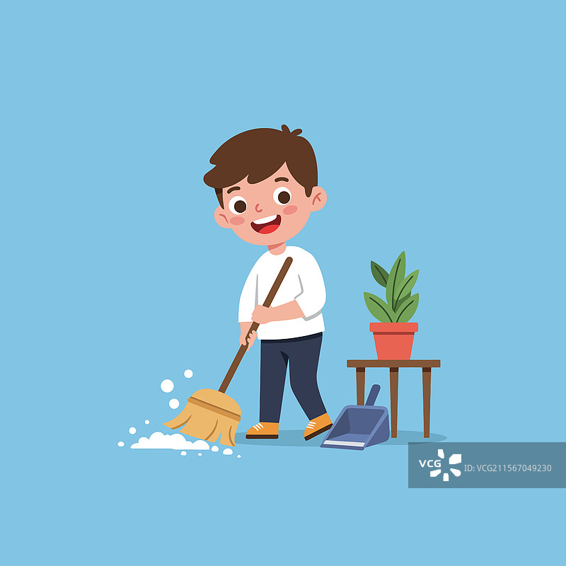男孩微笑着用扫帚扫地图片素材