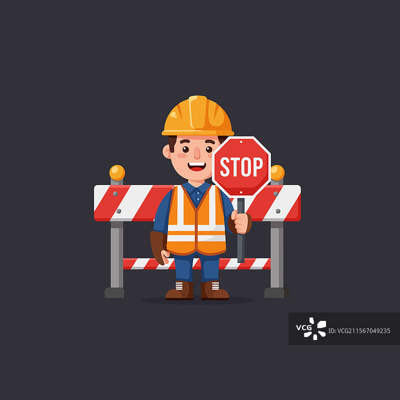 工人手持停止标志在路边工作图片素材