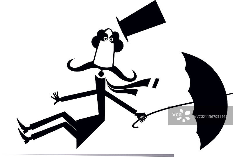 卡通男人在风大的日子里撑着伞图片素材