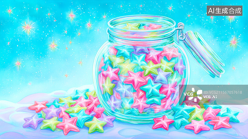 【AI数字艺术】色彩鲜艳的玻璃瓶的幸运星图片素材