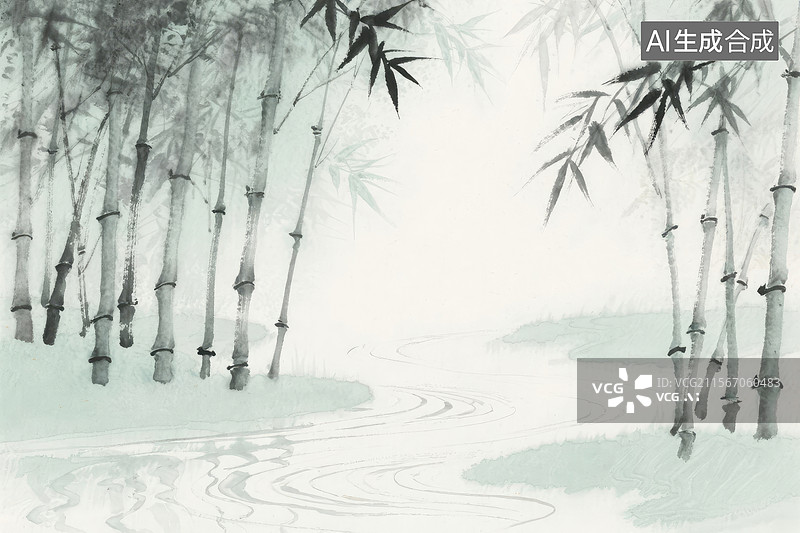 【AI数字艺术】宁静的竹林溪流图片素材